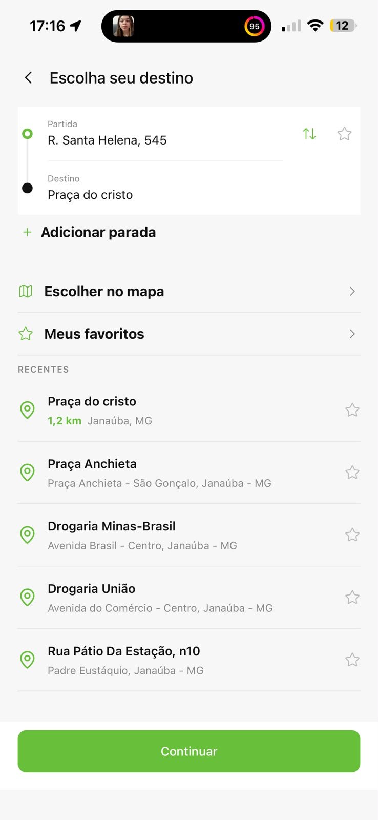 Tela de escolha de destino, com endereços favoritos e recentes